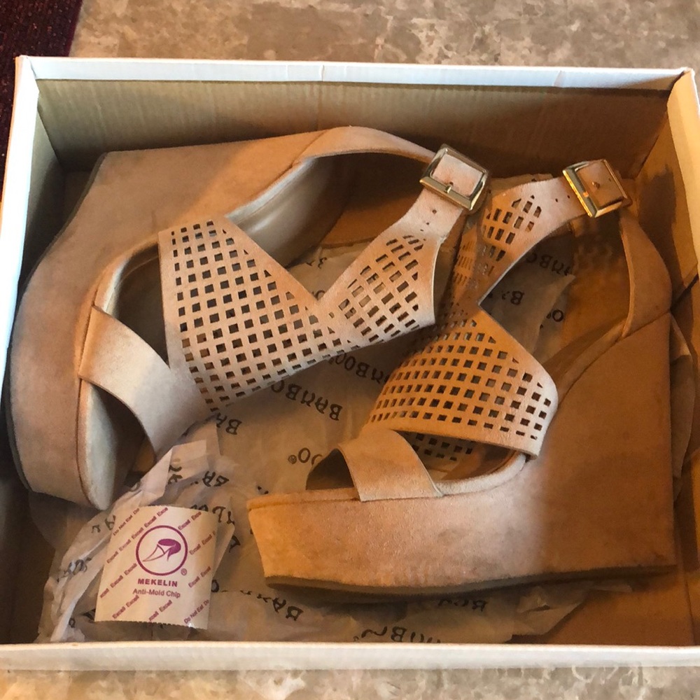 Bamboo brand nude colored wedges